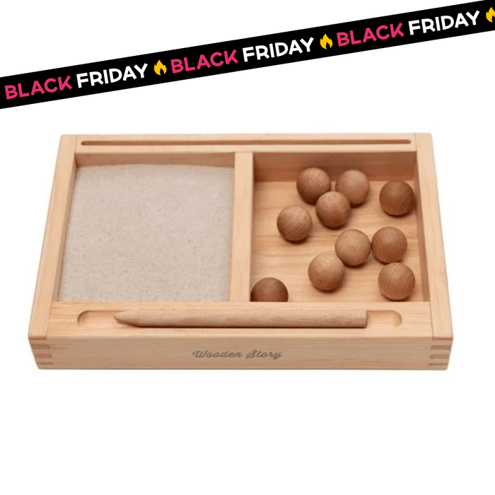 Gioco Educativo Vassoio Montessori Legno con Sabbia e Penna